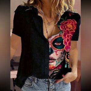 Black Pop Art Abstract Print Short Sleeve Button Down Up Shirt Top Blouse